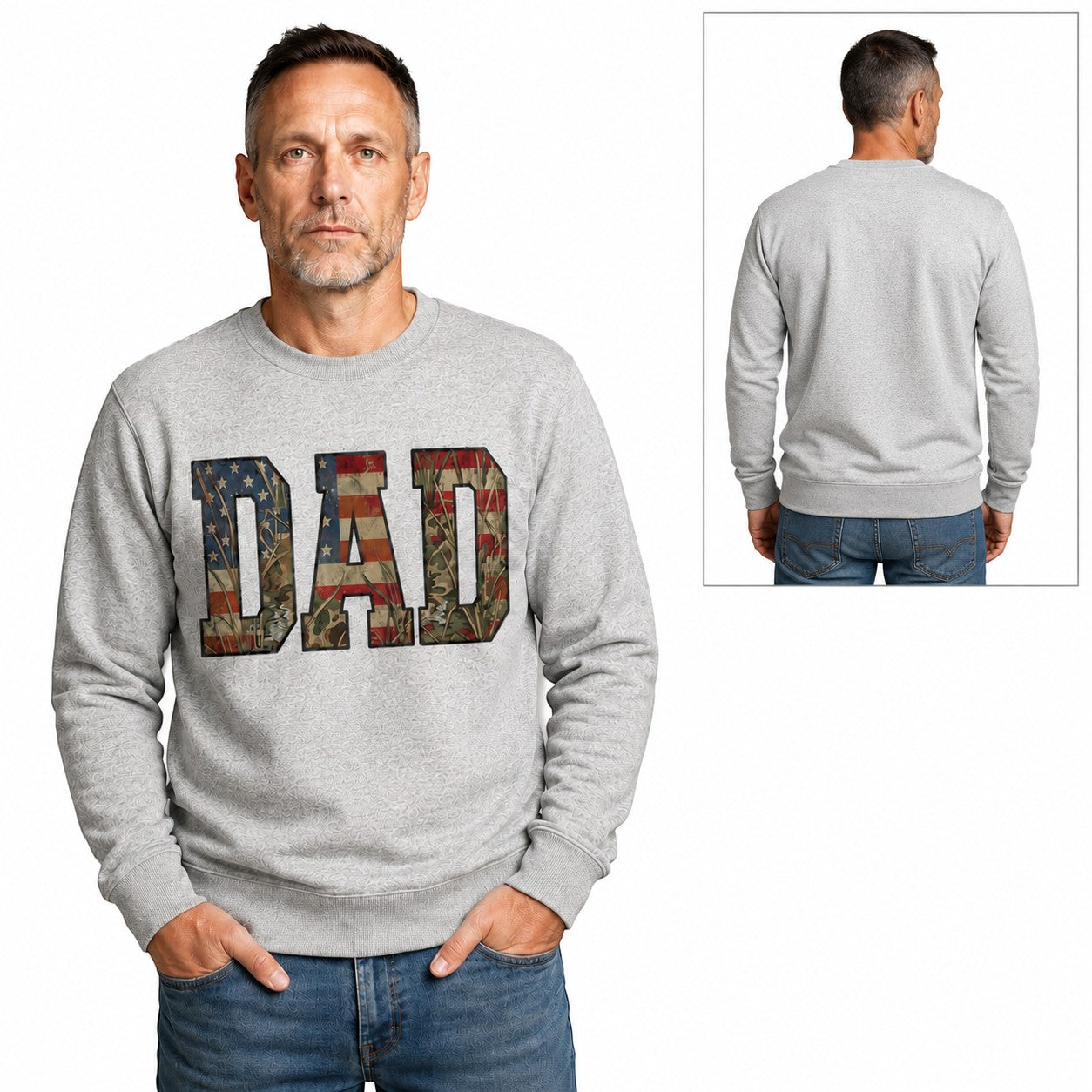 Tea Shirt Shoppe Wholesale heather grey crewneck sweatshirt with Patriotic Dad American flag and camo graphic print