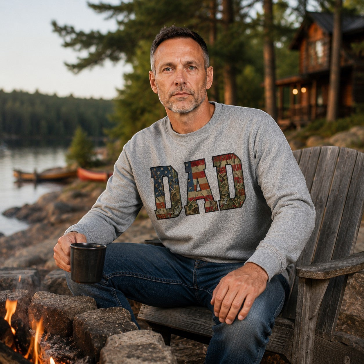 Tea Shirt Shoppe Wholesale heather grey crewneck sweatshirt with Patriotic Dad graphic by a lakeside campfire.