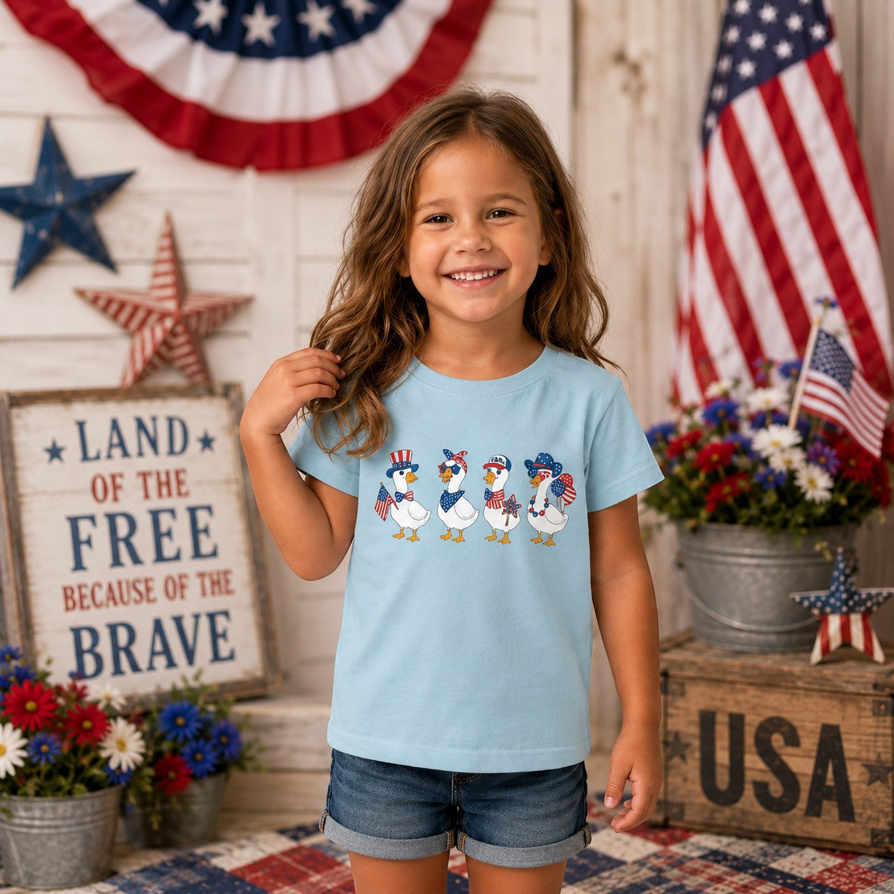 Tea Shirt Shoppe Wholesale light blue youth graphic tee with four patriotic ducks wearing hats and bandanas.