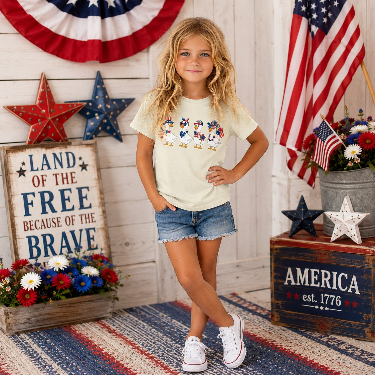 Tea Shirt Shoppe Wholesale patriotic graphic tee with four geese in Fourth of July attire. Cream cotton t-shirt.