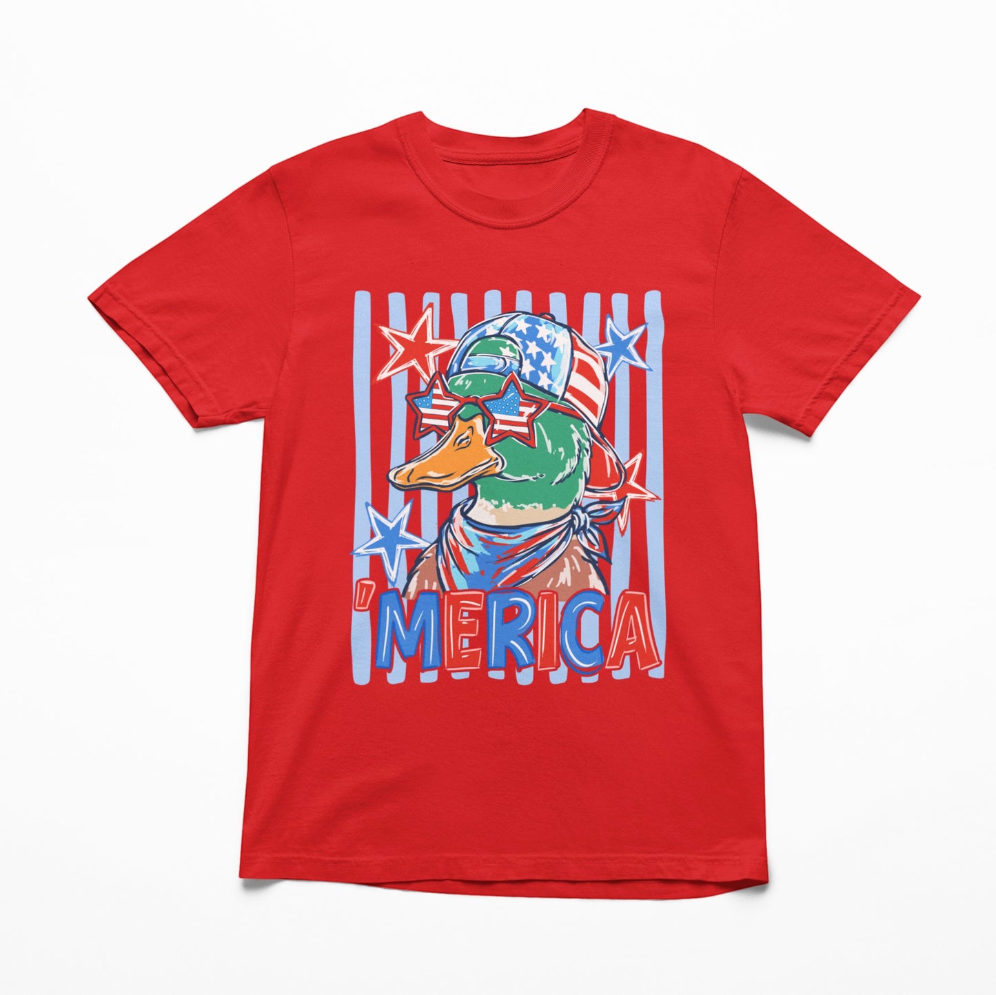 Tea Shirt Shoppe Wholesale red 100% cotton graphic tee with a patriotic duck wearing star-spangled sunglasses and bandana.