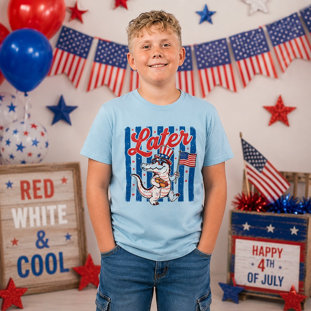 Tea Shirt Shoppe Wholesale light blue youth graphic tee with a patriotic alligator wearing Uncle Sam's hat and sunglasses, holding an American flag.
