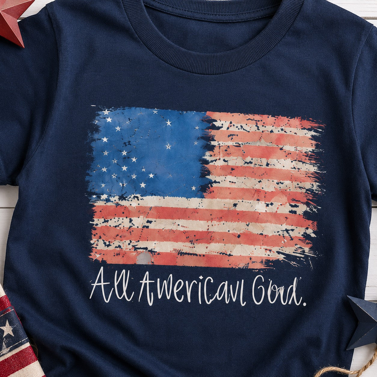Tea Shirt Shoppe Wholesale navy blue youth graphic tee with distressed American flag and "All American Girl" text.