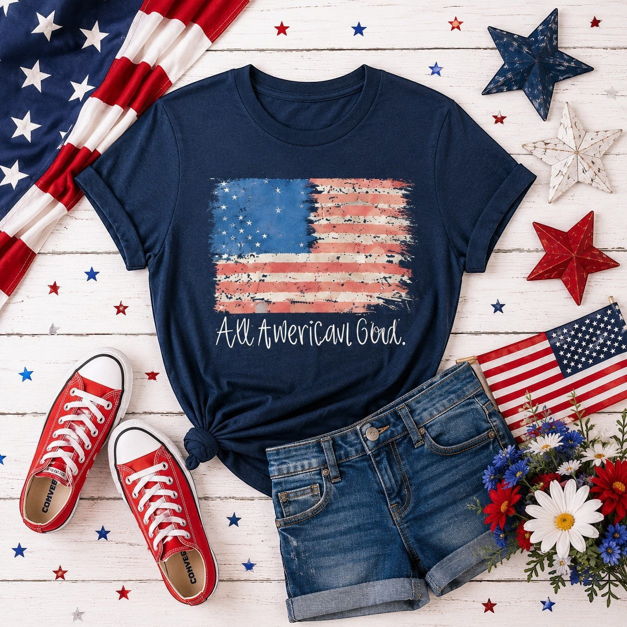 Navy blue cotton graphic tee with distressed American flag and "All American Girl" text. Tea Shirt Shoppe Wholesale.