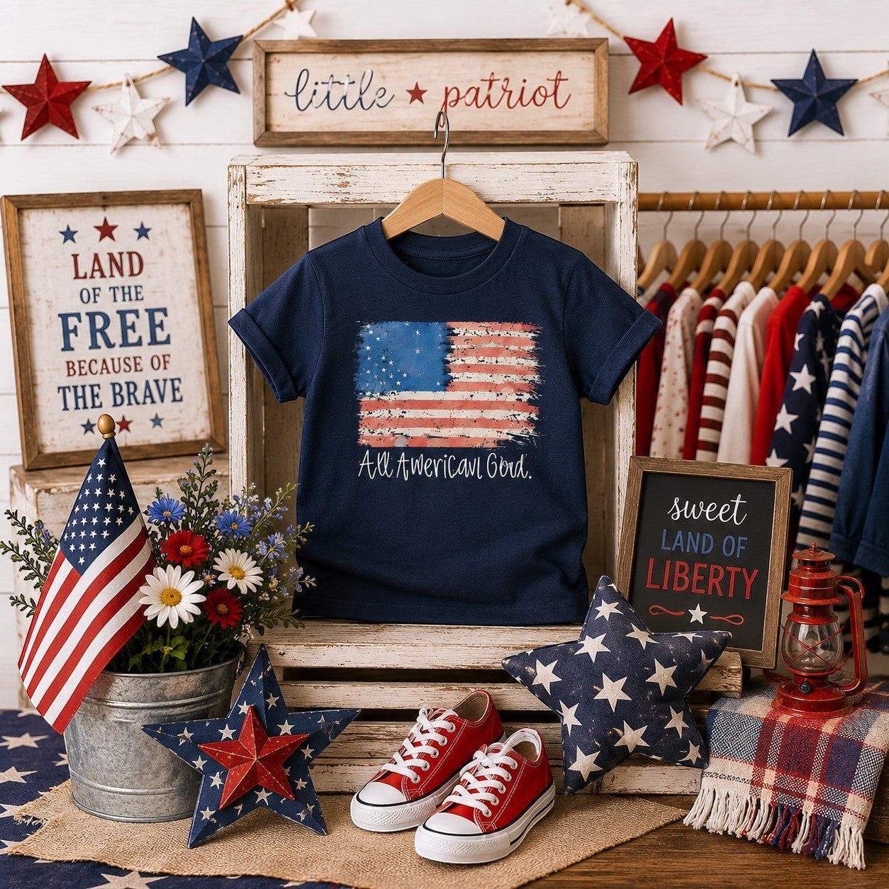 Navy blue youth graphic tee with distressed American flag and "All American Girl" text. Cotton.