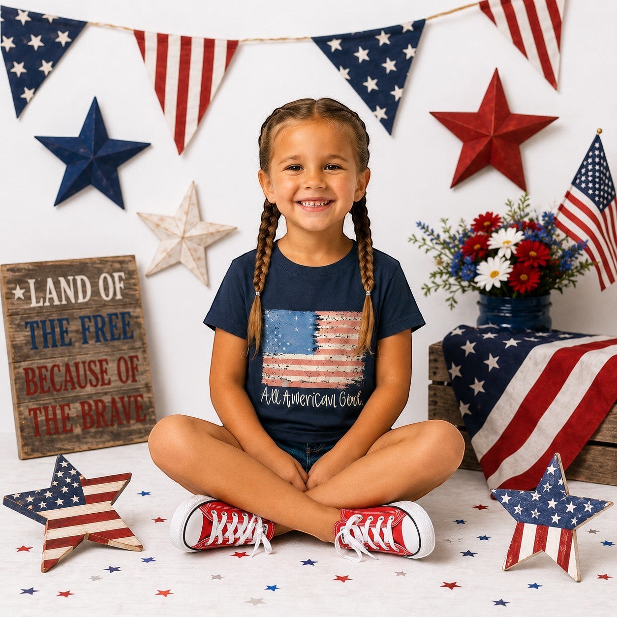 Navy blue cotton graphic tee with distressed American flag and "All American Girl" text. Youth size.
