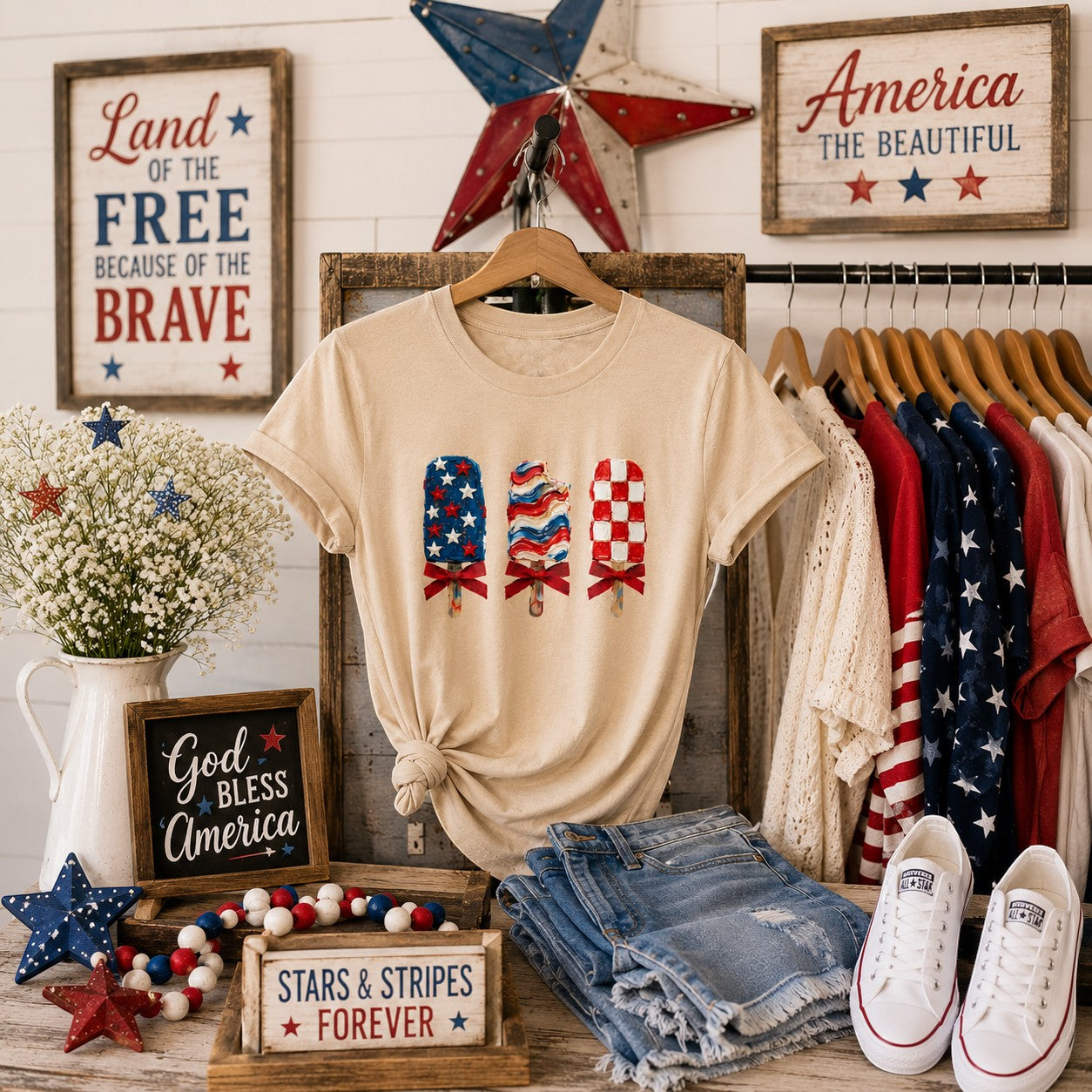 Tea Shirt Shoppe Wholesale beige graphic tee with three patriotic popsicles featuring stars and stripes, wavy red white and blue, and checkerboard patterns.