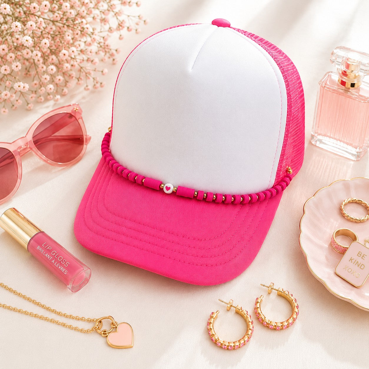 Tea Shirt Shoppe Wholesale pink beaded hat chain on a white and pink trucker cap with matching accessories