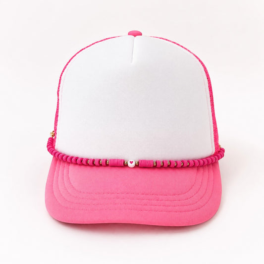 Tea Shirt Shoppe Wholesale pink clay beaded hat chain on a white and pink trucker cap with a heart accent bead
