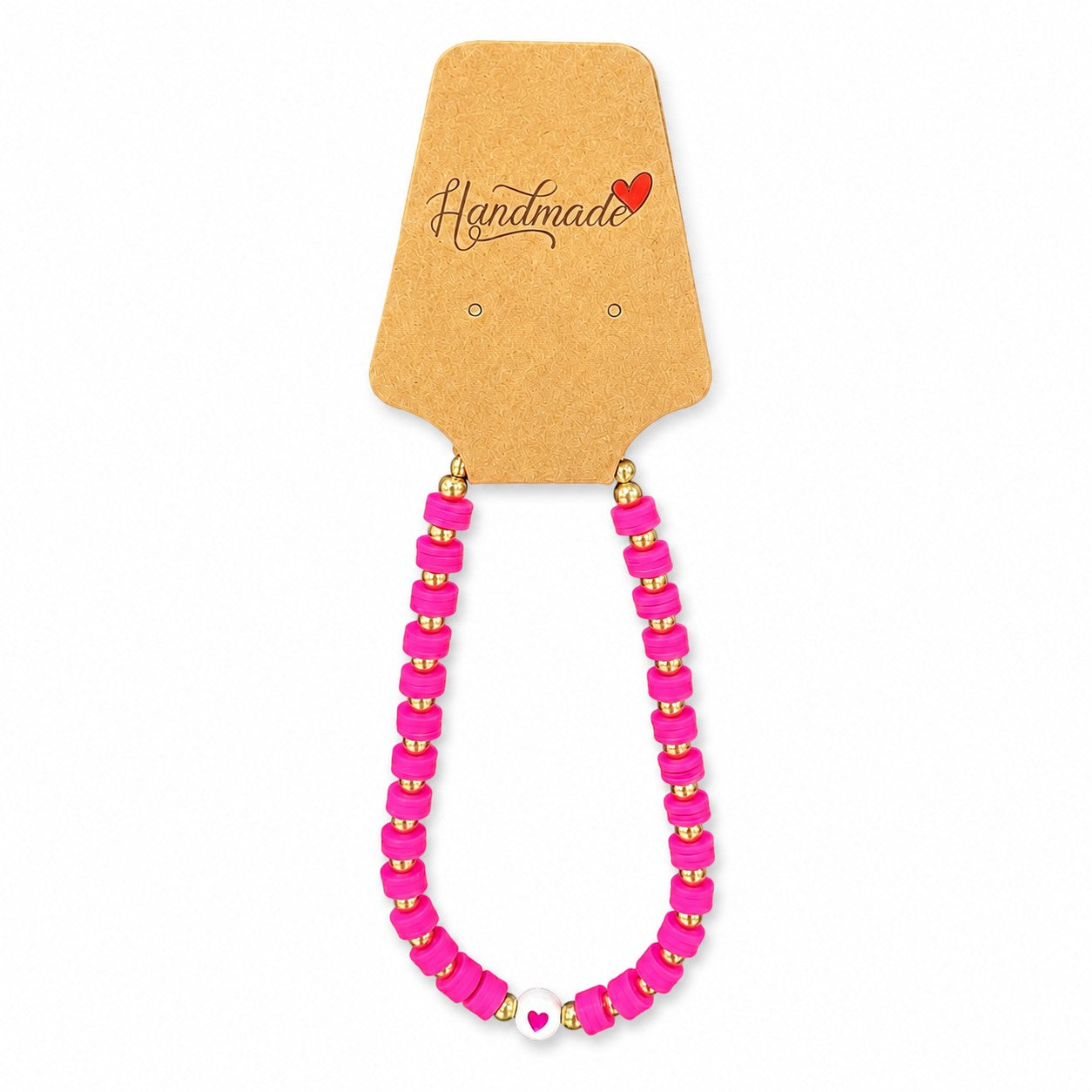 Tea Shirt Shoppe Wholesale pink clay beaded hat chain with metallic spacers and a white heart bead on display card