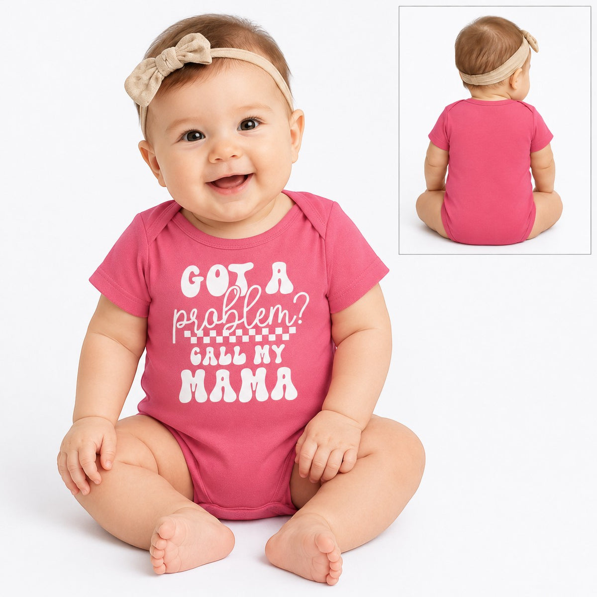 Tea Shirt Shoppe Wholesale pink cotton infant bodysuit with Got a Problem Call My Mama text and snap closures