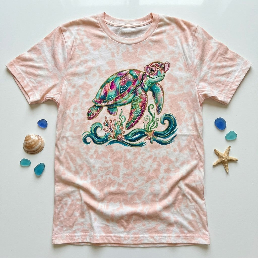 Tea Shirt Shoppe Wholesale pink tie dye 100% cotton t-shirt with a colorful sea turtle graphic and coral reef.