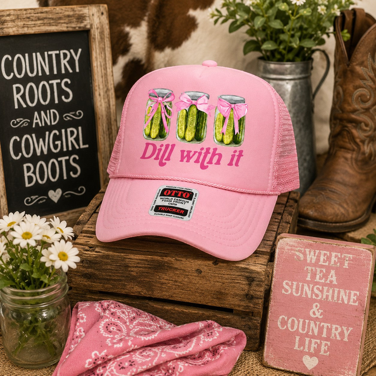 Tea Shirt Shoppe Wholesale pink trucker hat with "Dill with it" graphic and mesh back.