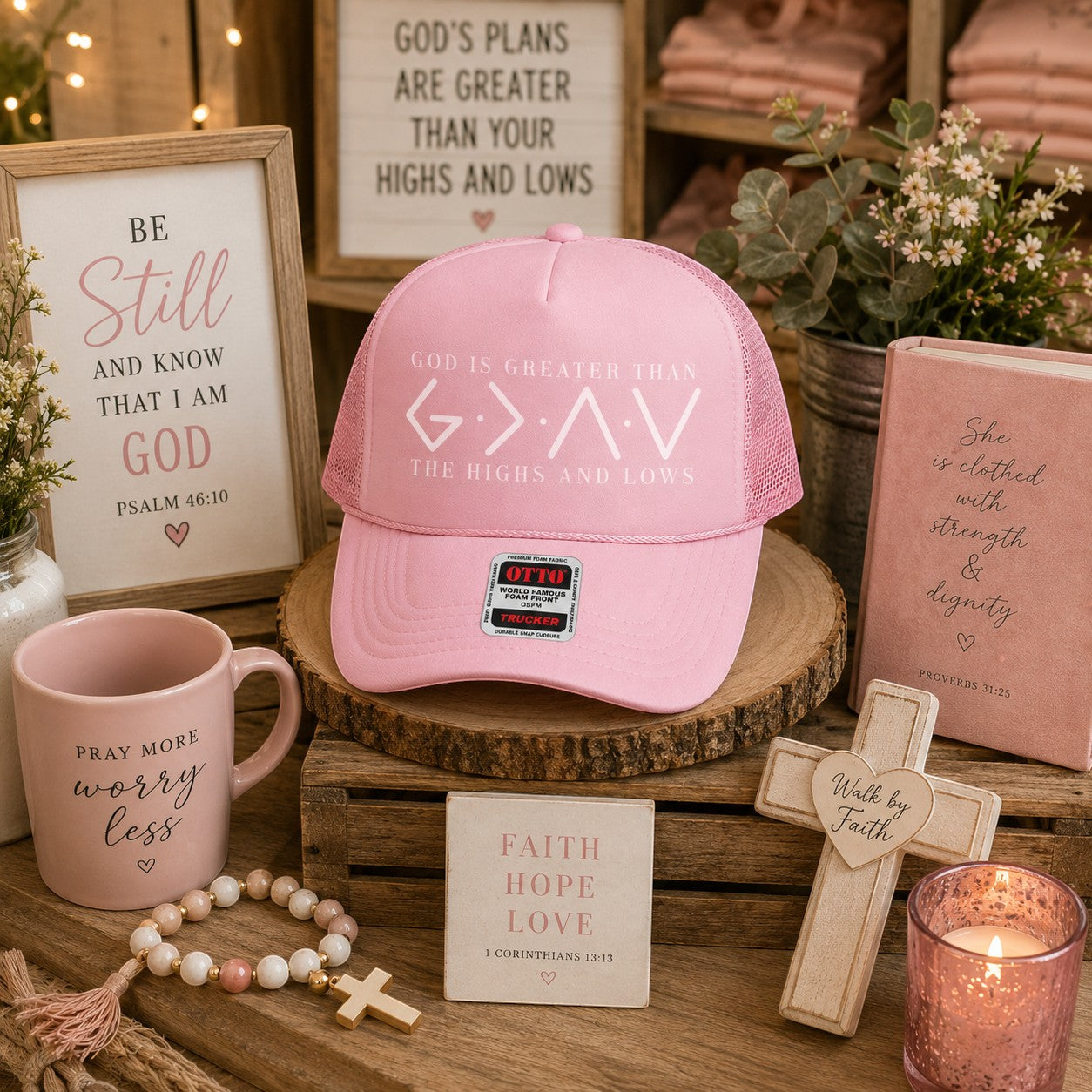 Tea Shirt Shoppe Wholesale pink trucker hat with "God Is Greater Than The Highs And Lows" graphic. Mesh back.
