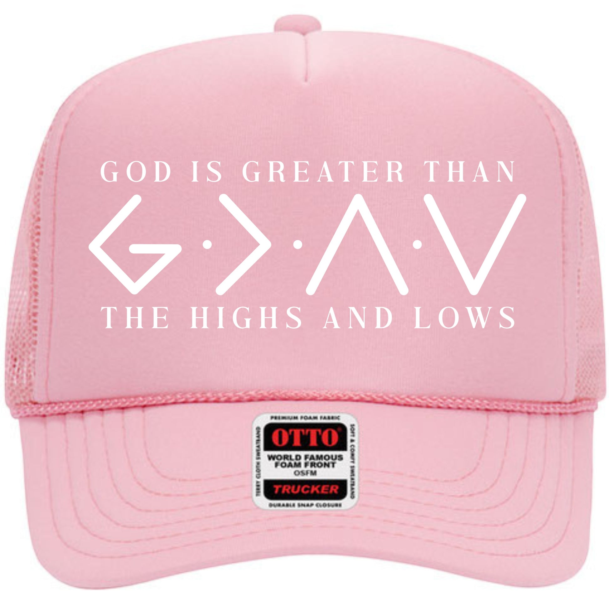 Tea Shirt Shoppe Wholesale pink trucker hat with "God Is Greater Than G.O.A.T. The Highs And Lows" graphic.