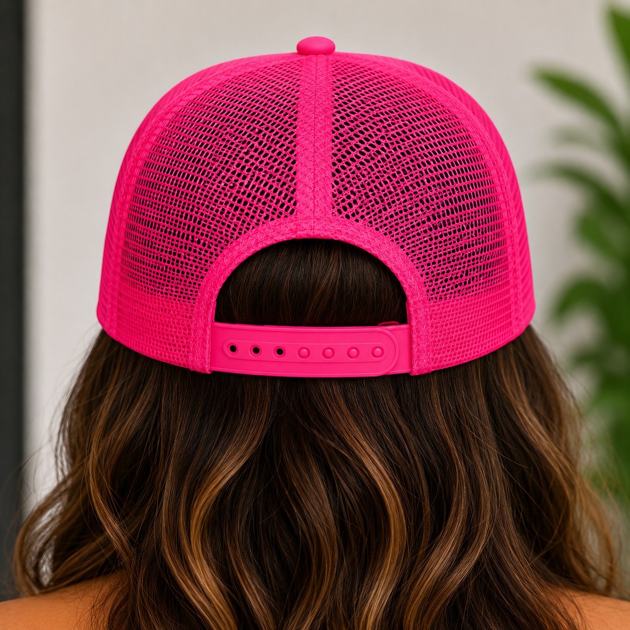 Tea Shirt Shoppe Wholesale bright pink mesh back trucker hat with "Oh Honey, I am That Mom" graphic.