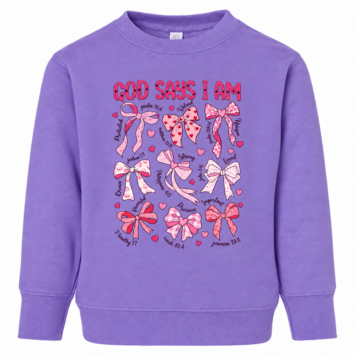 Tea Shirt Shoppe Wholesale purple toddler sweatshirt featuring a God Says I Am graphic with pink bows and scriptures.