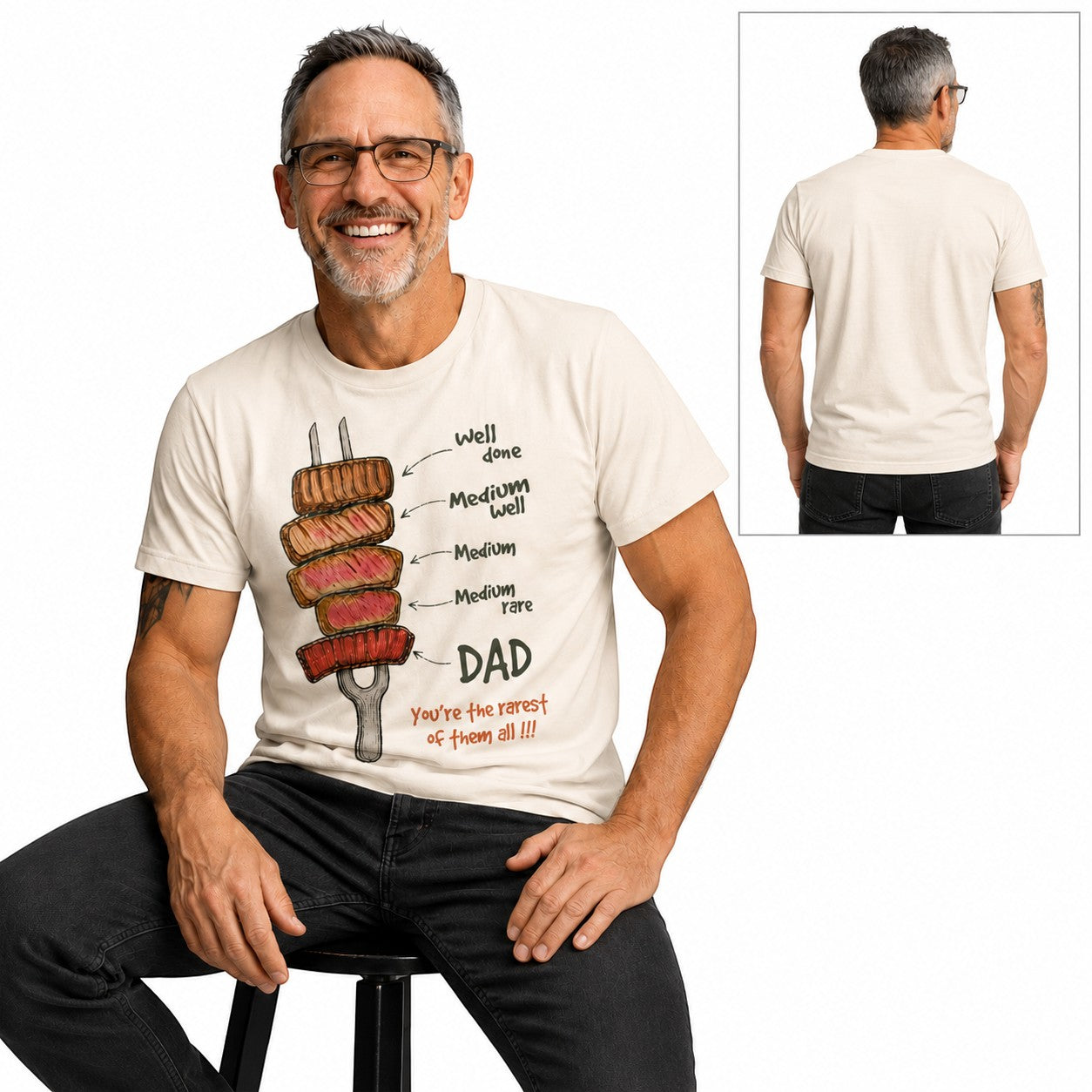 Tea Shirt Shoppe Wholesale cream cotton graphic tee featuring a steak doneness chart and Rarest Dad text on a man.