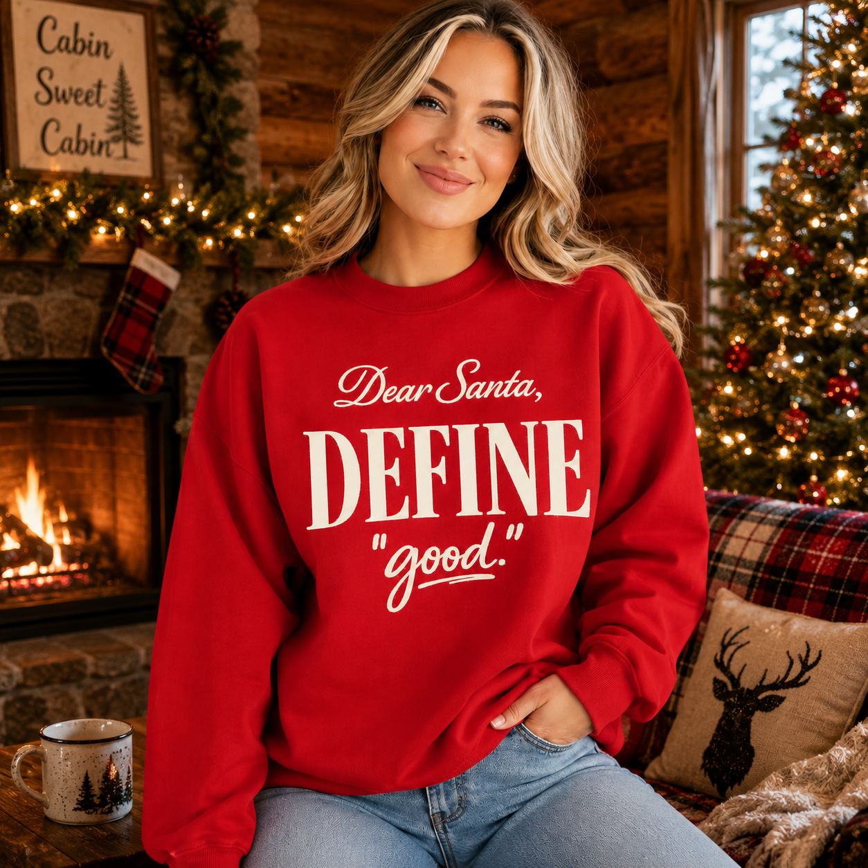 Woman wearing a red Tea Shirt Shoppe Wholesale crewneck sweatshirt with Dear Santa Define Good graphic in a cozy room