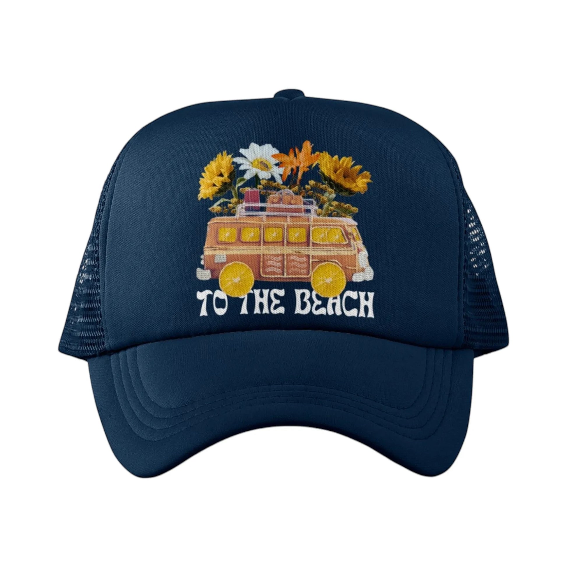 Tea Shirt Shoppe Wholesale navy trucker hat with retro van graphic and sunflowers, reads "TO THE BEACH"