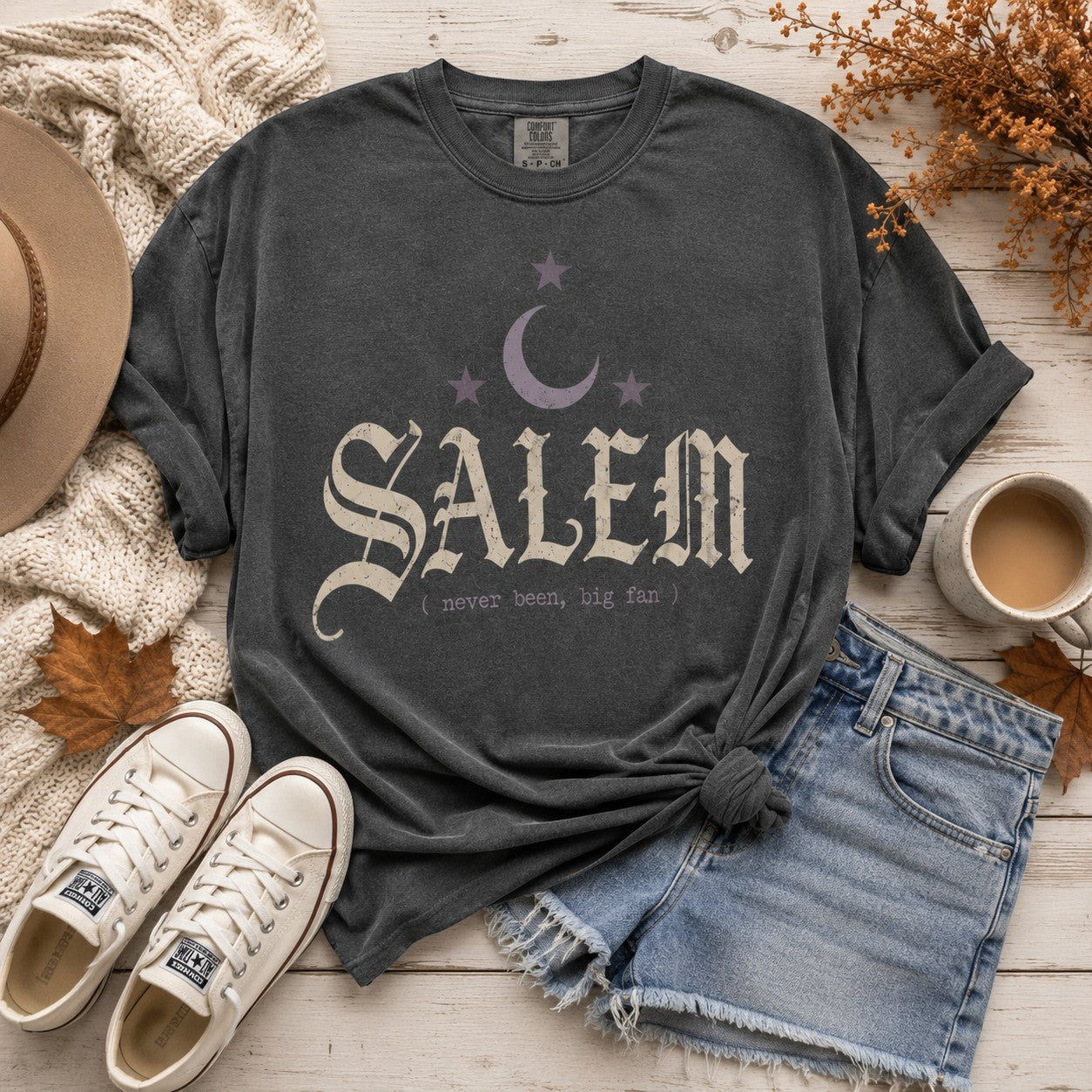 Tea Shirt Shoppe Wholesale charcoal grey Comfort Colors graphic tee with Salem moon and star print