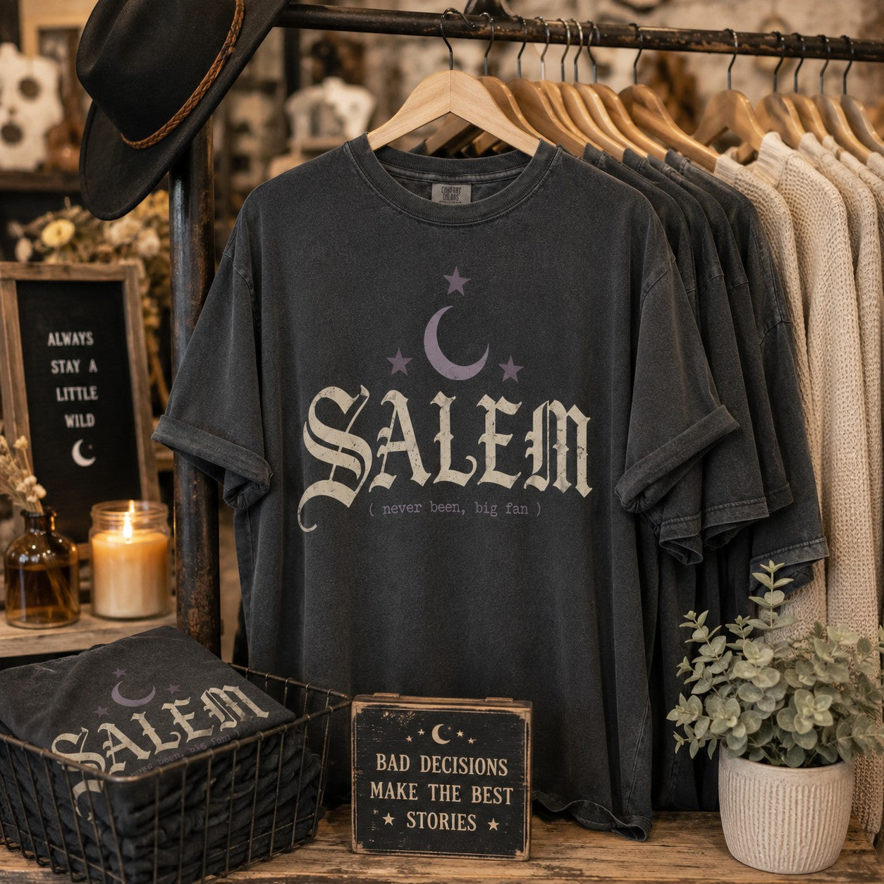Tea Shirt Shoppe Wholesale charcoal grey Comfort Colors graphic tee with Salem moon and star print