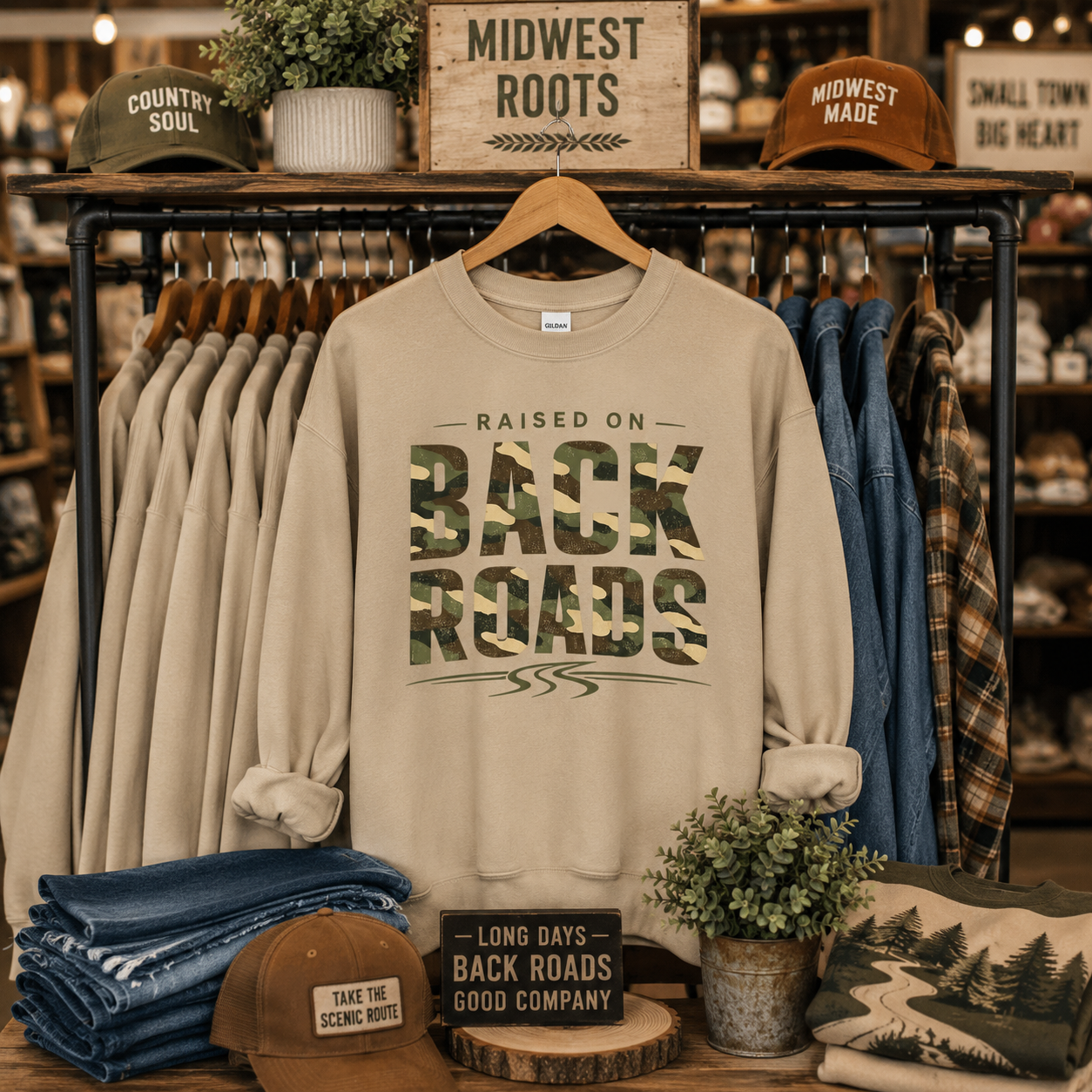 Tea Shirt Shoppe Wholesale sand-colored crewneck sweatshirt with camo Raised On Back Roads graphic in a rustic shop.