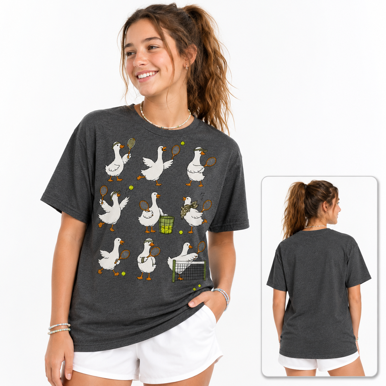 Tea Shirt Shoppe Wholesale dark heather grey cotton t-shirt featuring a silly goose tennis graphic print