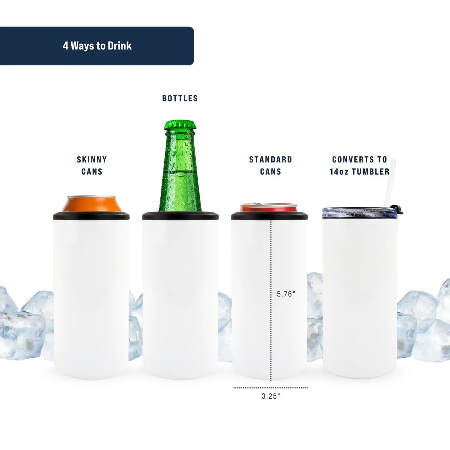 Tea Shirt Shoppe Wholesale white slim can cooler shown with skinny can, bottle, standard can, and as a 14oz tumbler.