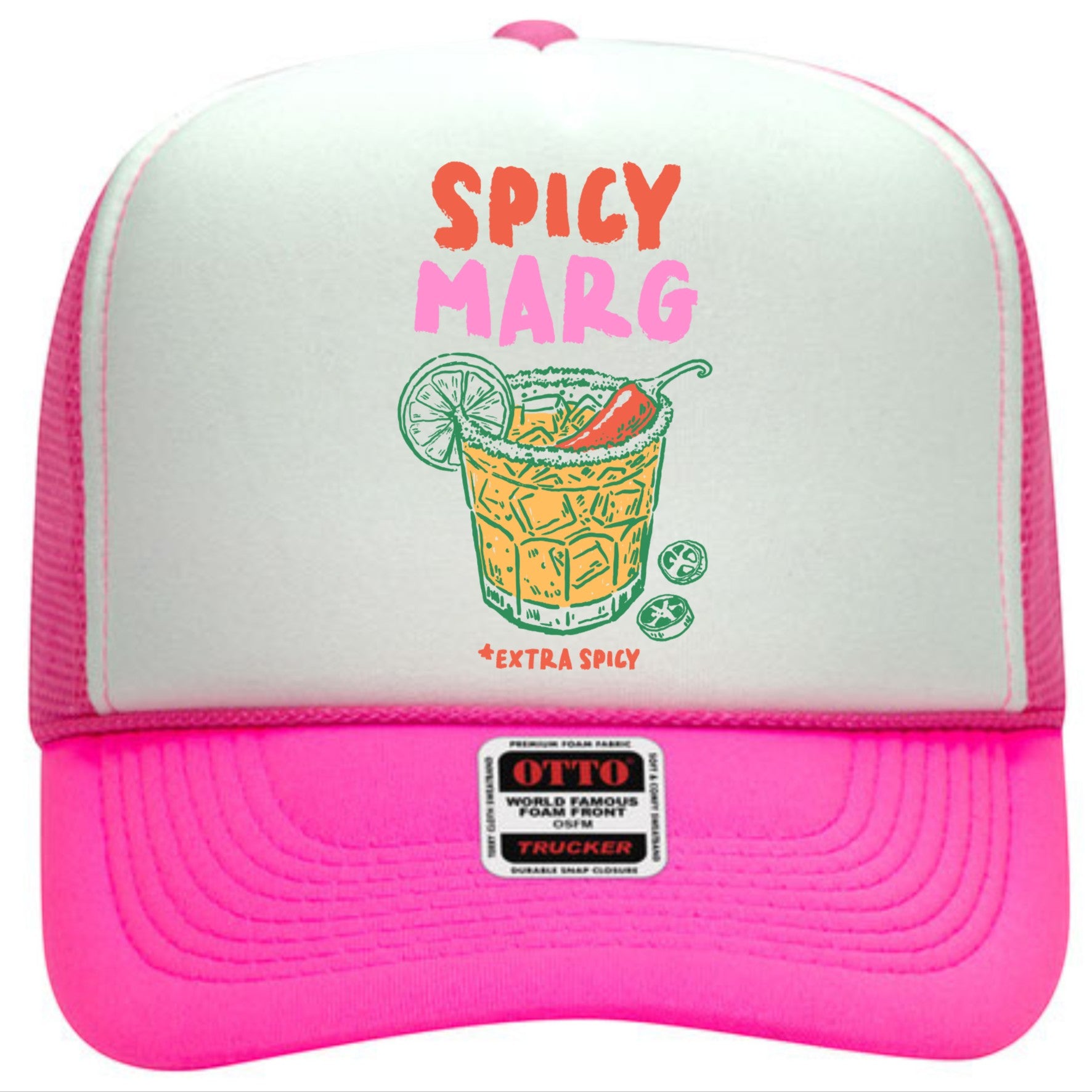 Tea Shirt Shoppe Wholesale trucker hat with white foam front and pink mesh back, featuring a "Spicy Marg" graphic.