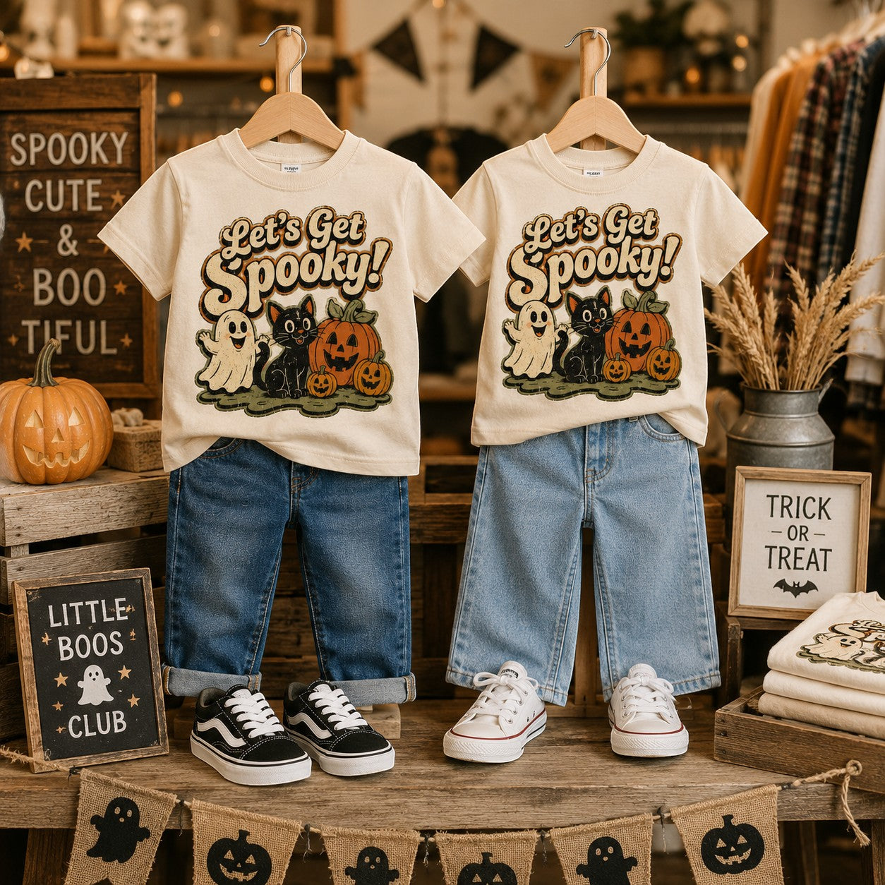Tea Shirt Shoppe Wholesale cream graphic t-shirts for youth and toddlers featuring a ghost, cat, and pumpkin design.