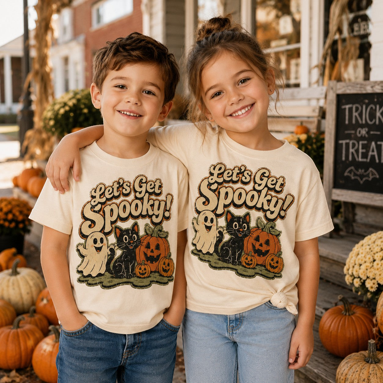 Tea Shirt Shoppe Wholesale cream graphic t-shirts with Let's Get Spooky Halloween print on smiling children