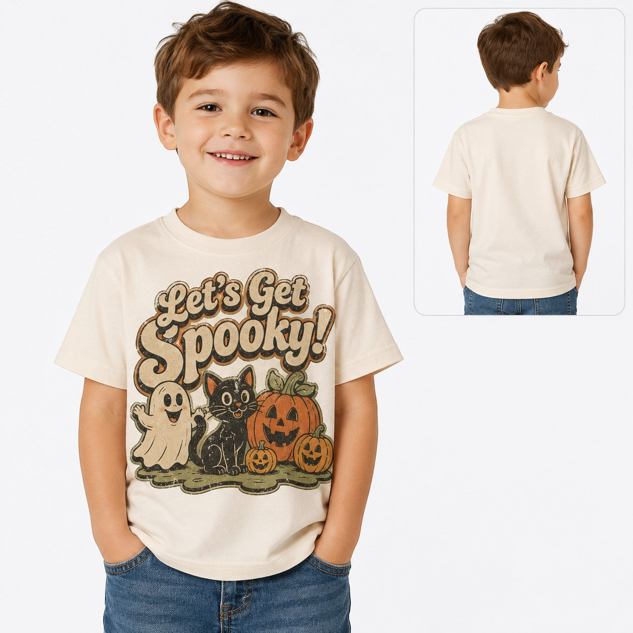 Tea Shirt Shoppe Wholesale youth graphic tee featuring a vintage-style ghost, black cat, and pumpkin Halloween print.