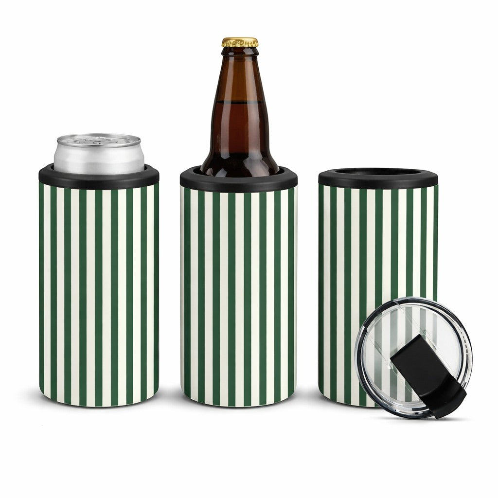 Tea Shirt Shoppe Wholesale dark green and cream striped can and bottle coolers. Insulated beverage holders.