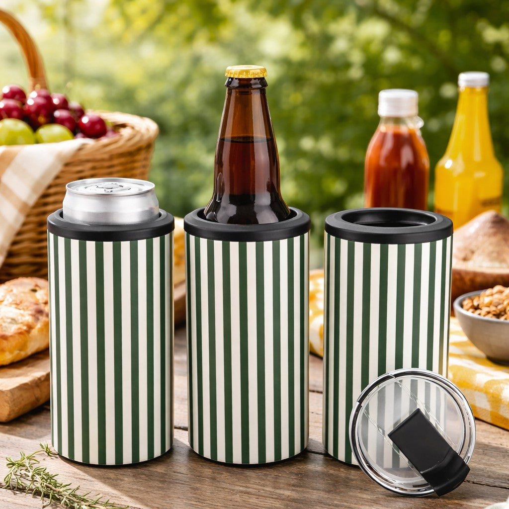 Tea Shirt Shoppe Wholesale dark green and cream striped can and bottle coolers, vacuum insulated.