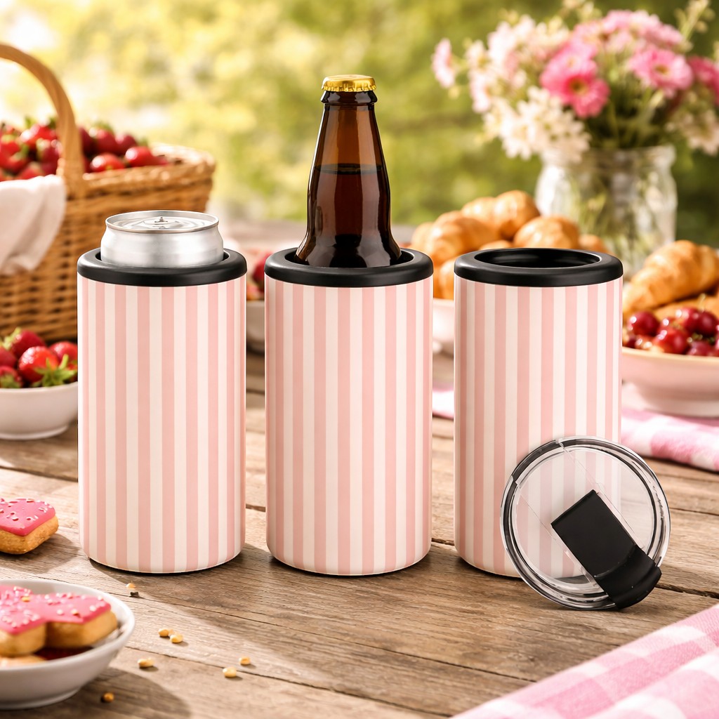Tea Shirt Shoppe Wholesale pink and white striped slim can coolers, one holding a can, one a bottle, one empty. Includes lid.
