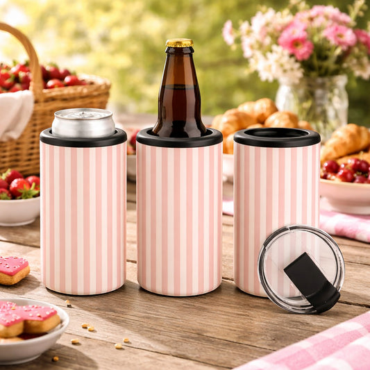 Tea Shirt Shoppe Wholesale pink and white striped slim can coolers, one holding a can, one a bottle, one empty. Includes lid.