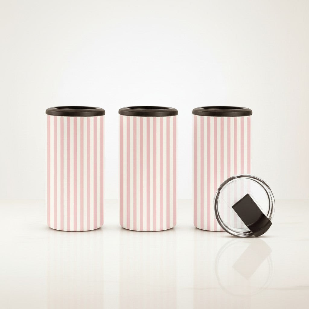 Tea Shirt Shoppe Wholesale set of 3 pink and white striped slim can coolers with black rims. One cooler has a clear lid with black slider.