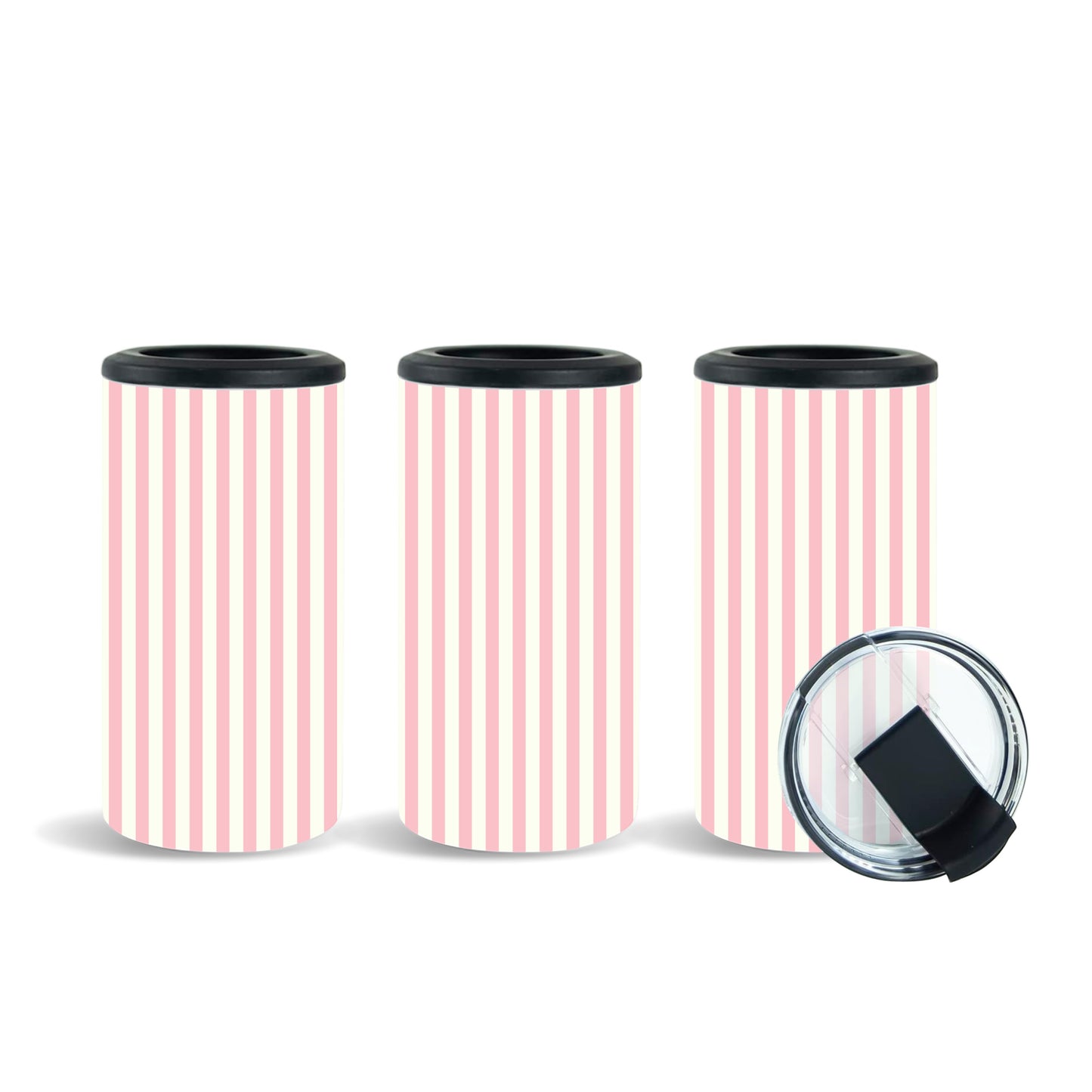 Tea Shirt Shoppe Wholesale set of three pink and white striped slim can coolers. Includes a clear lid with slider.
