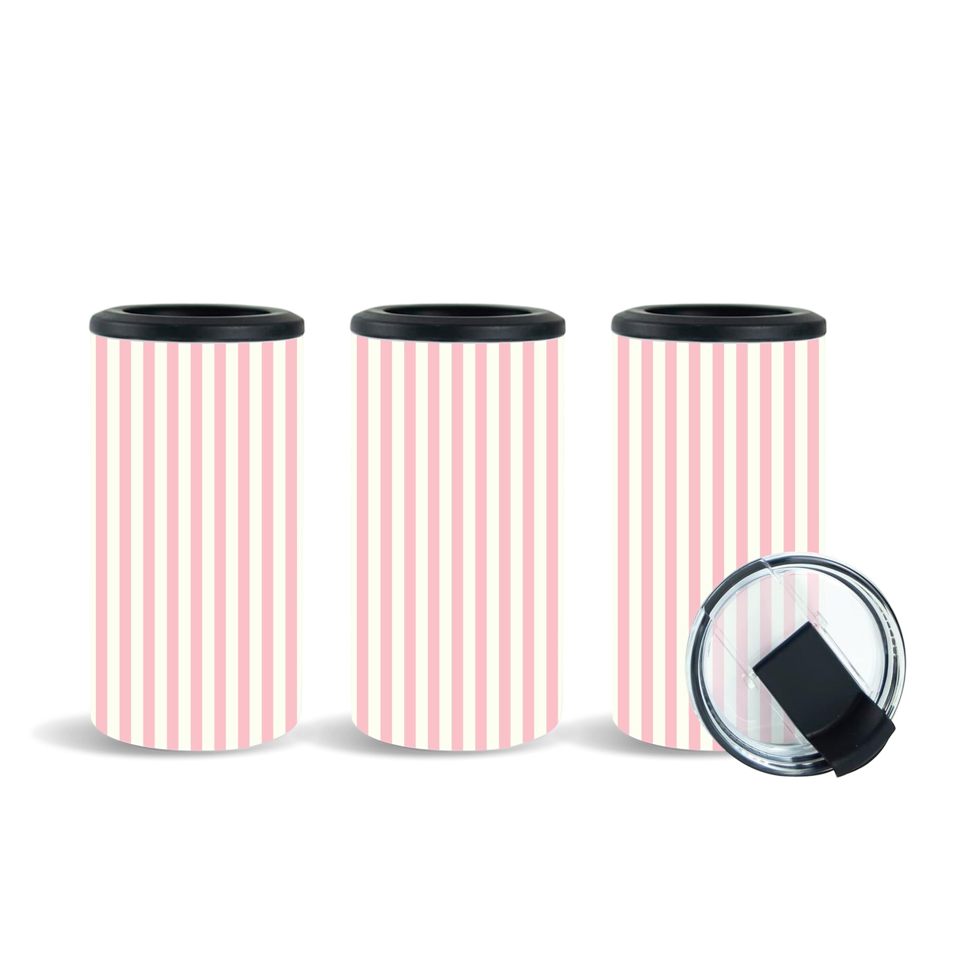 Tea Shirt Shoppe Wholesale set of three pink and white striped slim can coolers. Includes a clear lid with slider.