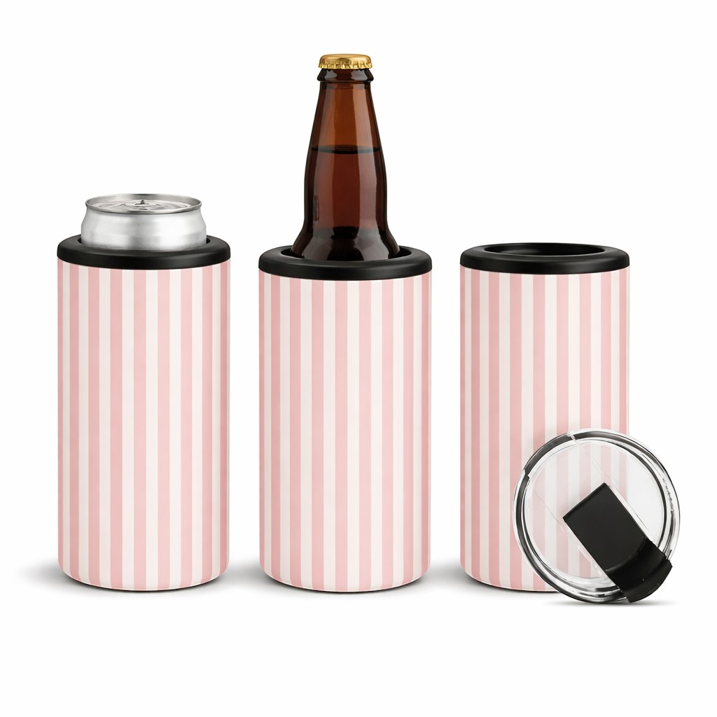 Tea Shirt Shoppe Wholesale pink and white striped slim can coolers, one with a can, one with a bottle, and one with a lid.