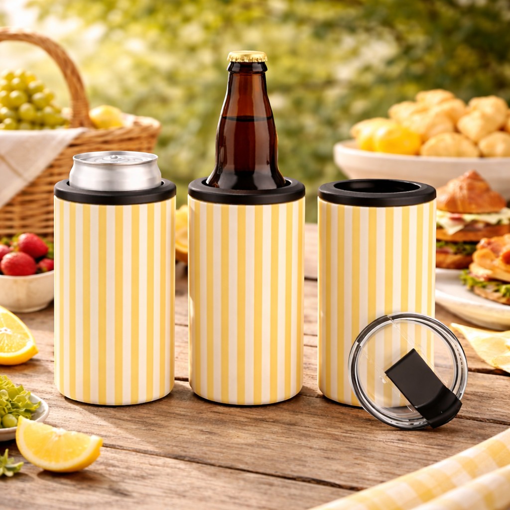 Tea Shirt Shoppe Wholesale pastel yellow and white striped slim can coolers for 12 oz cans and bottles.