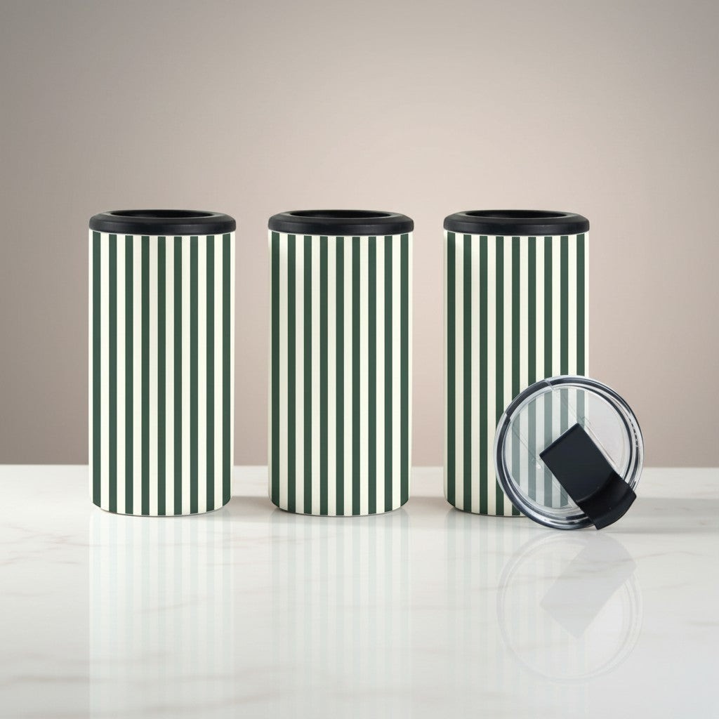 Tea Shirt Shoppe Wholesale dark green and cream striped can and bottle coolers. Set of three.