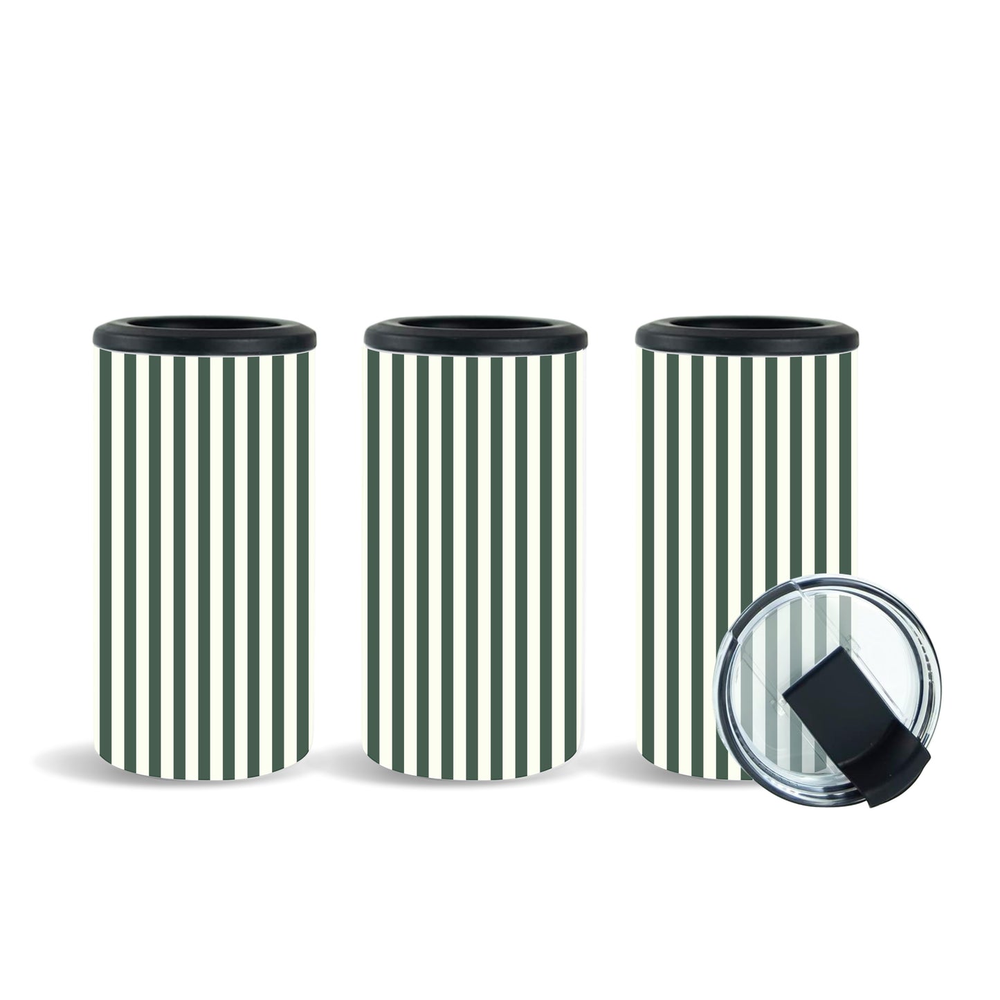 Tea Shirt Shoppe Wholesale dark green and cream striped can and bottle coolers. Set of 3.