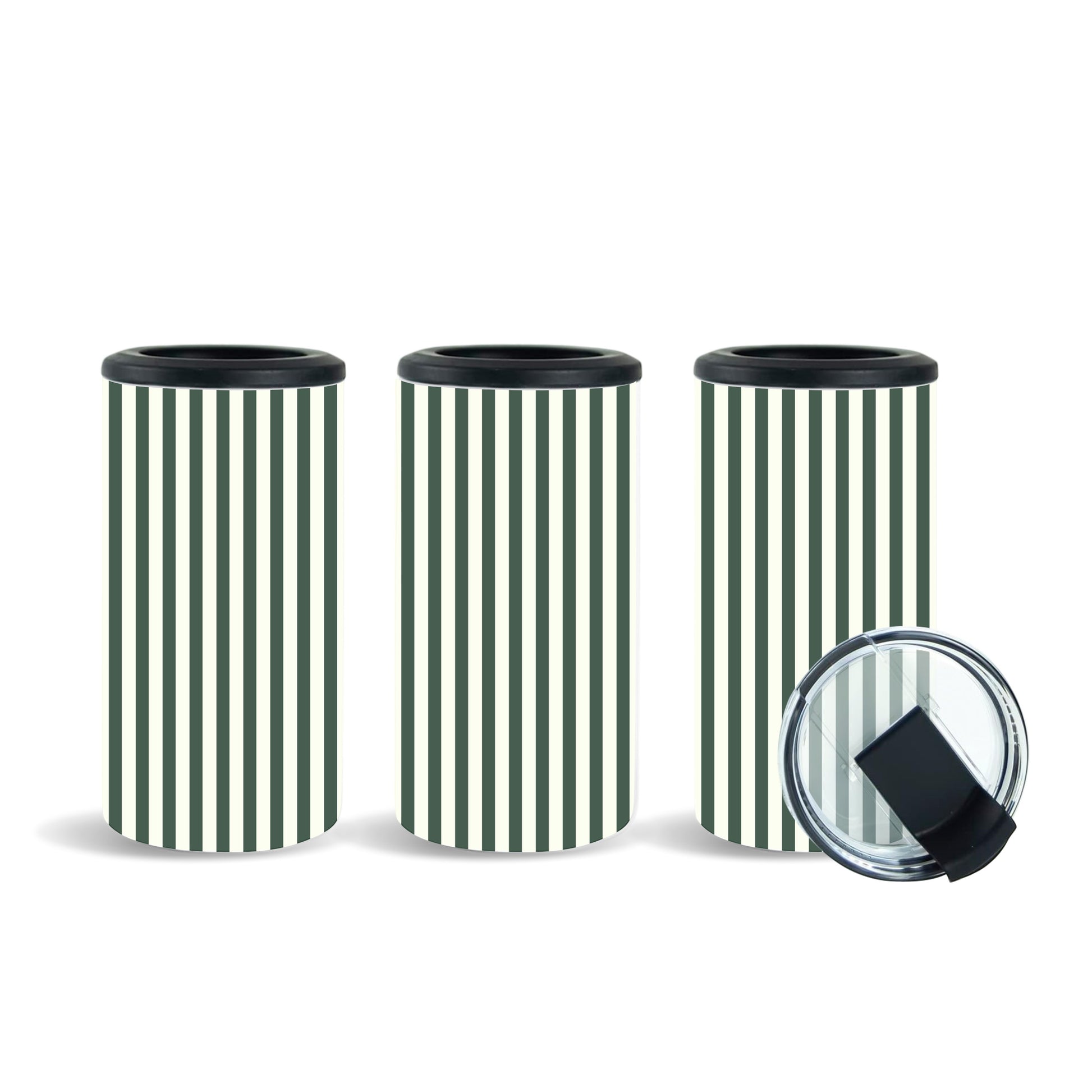 Tea Shirt Shoppe Wholesale dark green and cream striped can and bottle coolers. Set of 3.