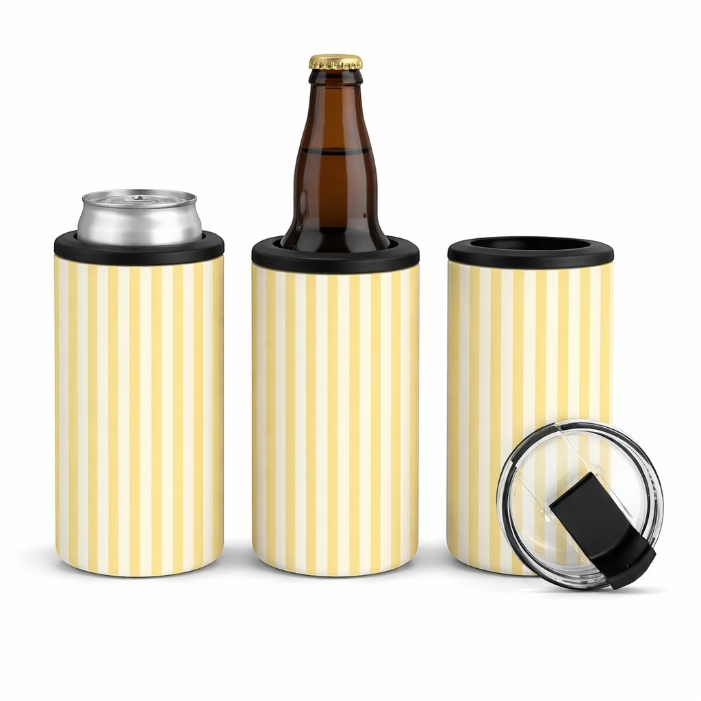 Tea Shirt Shoppe Wholesale pastel yellow and white vertical stripe slim can coolers, one holding a can, one holding a bottle, one empty with lid.