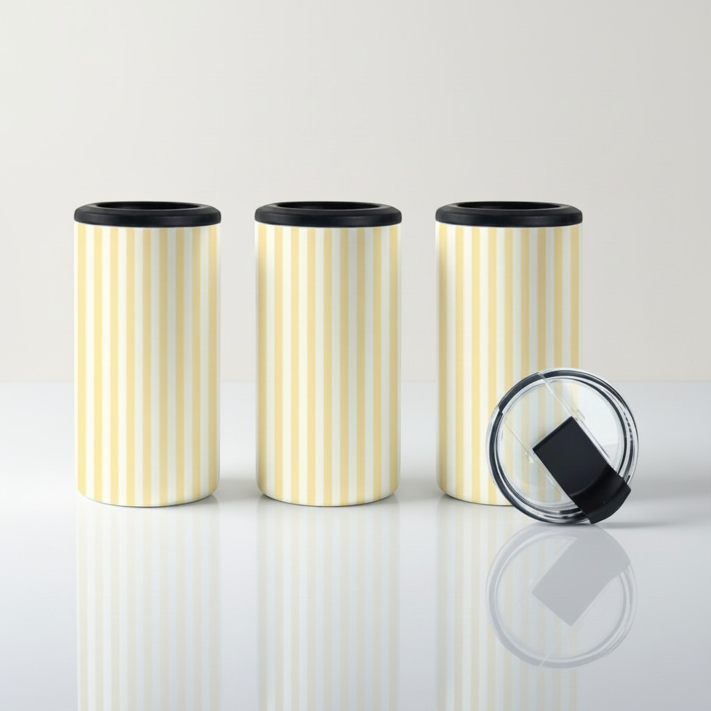 Tea Shirt Shoppe Wholesale pastel yellow and white striped slim can coolers, set of 3. Insulated beverage holders.