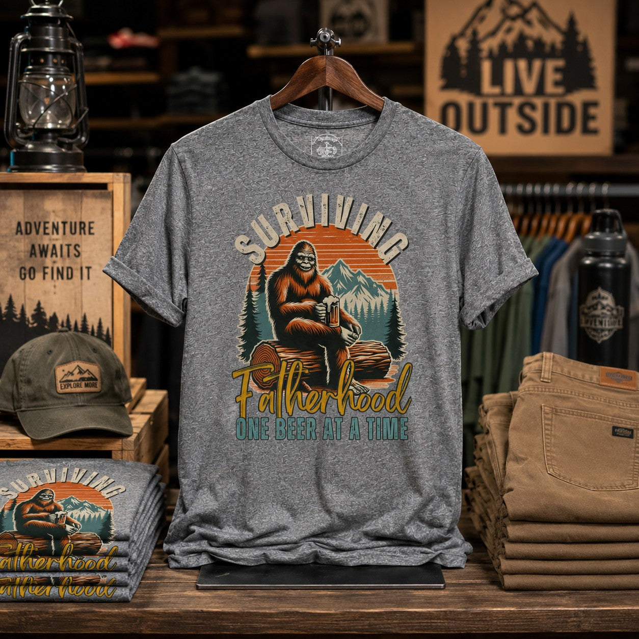 Tea Shirt Shoppe Wholesale grey heather graphic tee with Bigfoot sitting on logs holding a beer, "Surviving Fatherhood One Beer At A Time" text.