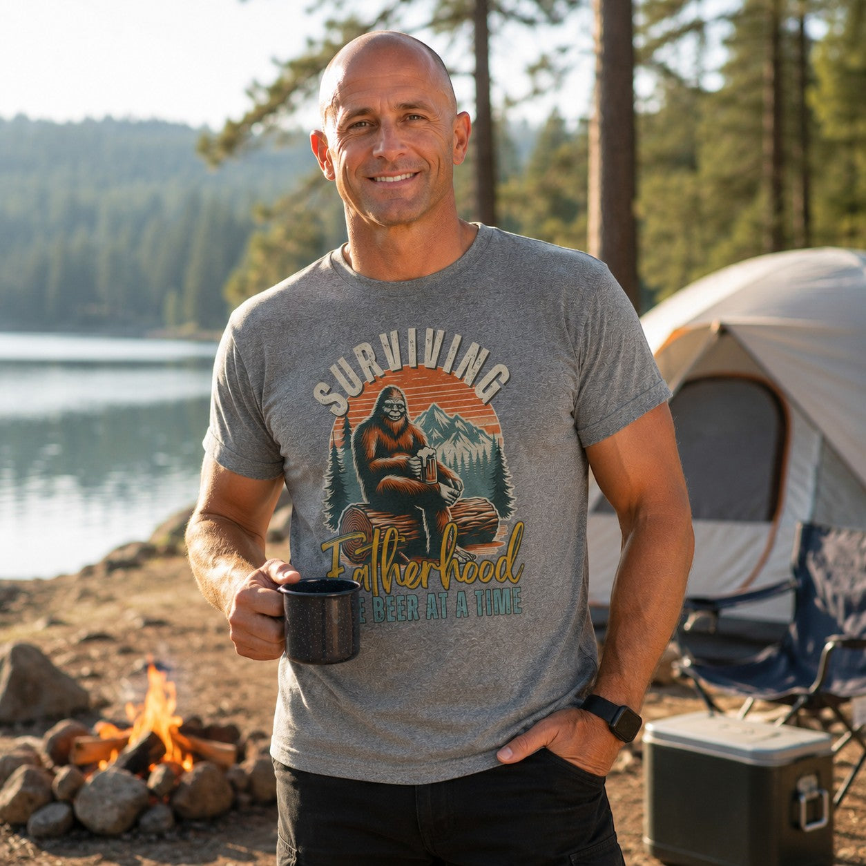Tea Shirt Shoppe Wholesale grey graphic tee with Bigfoot, mountains, and sunset. "Surviving Fatherhood, 1 Beer at a Time."