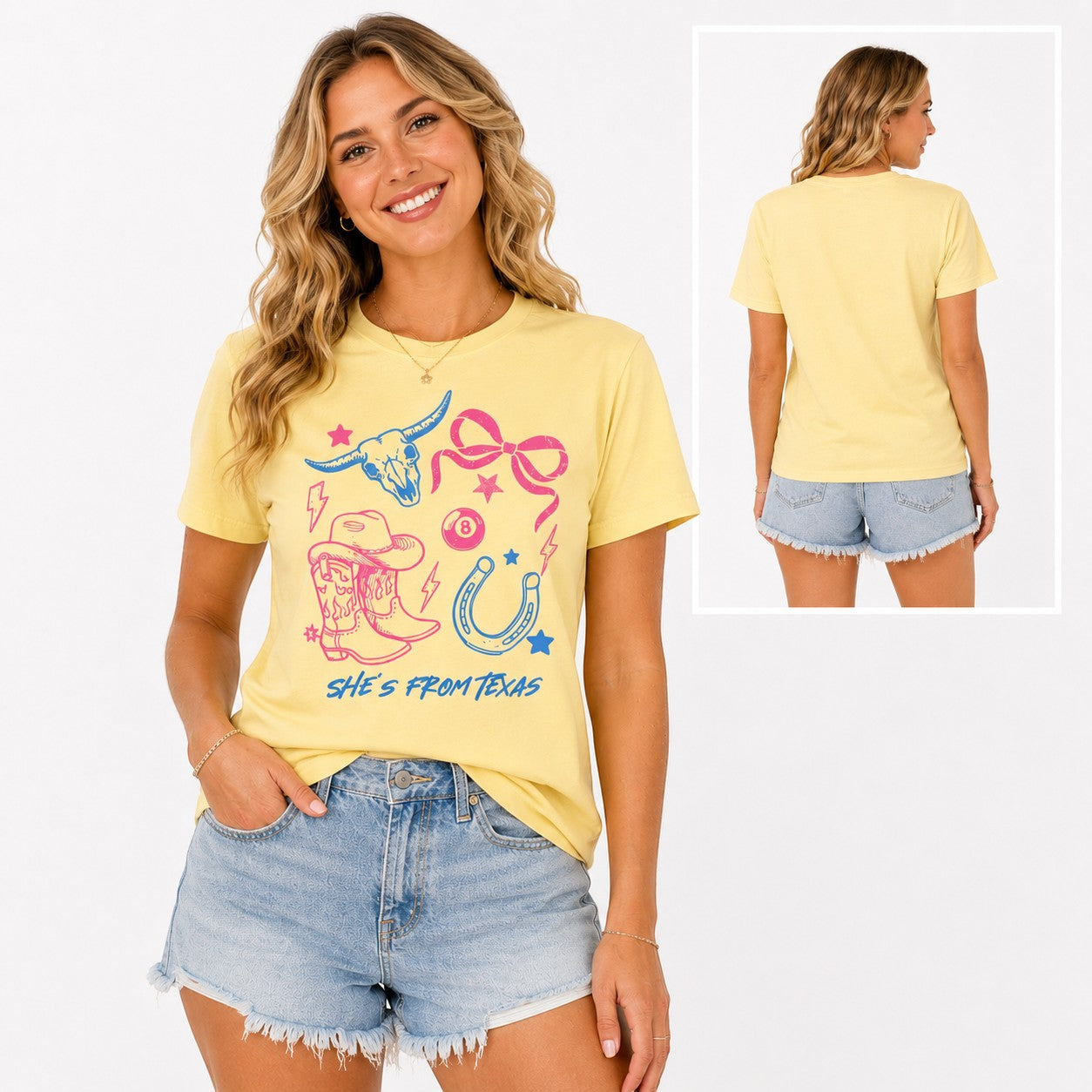 Tea Shirt Shoppe Wholesale buttery yellow cotton graphic tee featuring western icons in pink and blue on a model.